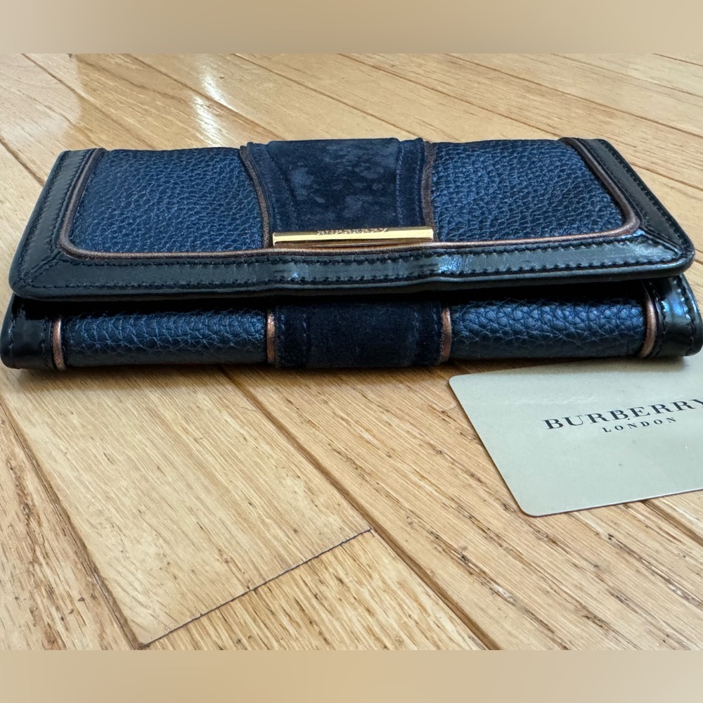Burberry Prosum bronze Metallic Piping Navy Suade Leather Luxury Wallet VTG - Picture 4 of 16